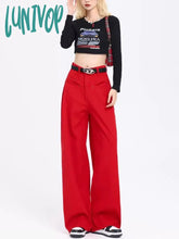 Lunivop Women’s Red High Waisted Straight Jeans Vintage American Street Cool Girl Pants Female